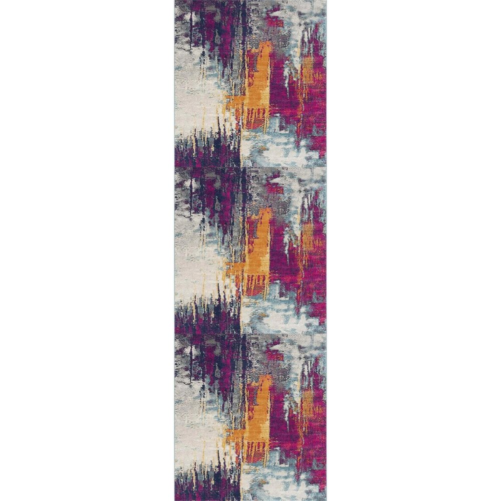 10' Gray Ivory And Magenta Abstract Runner Rug