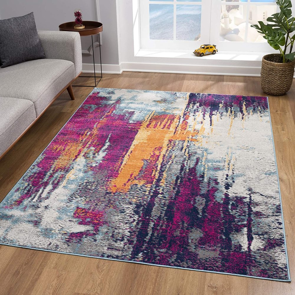 10' Gray Ivory And Magenta Abstract Runner Rug