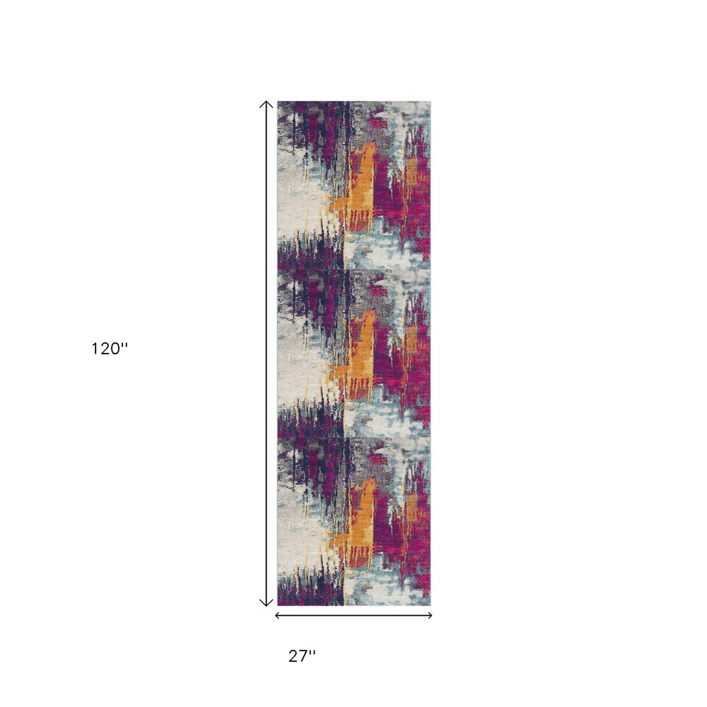 10' Gray Ivory And Magenta Abstract Runner Rug