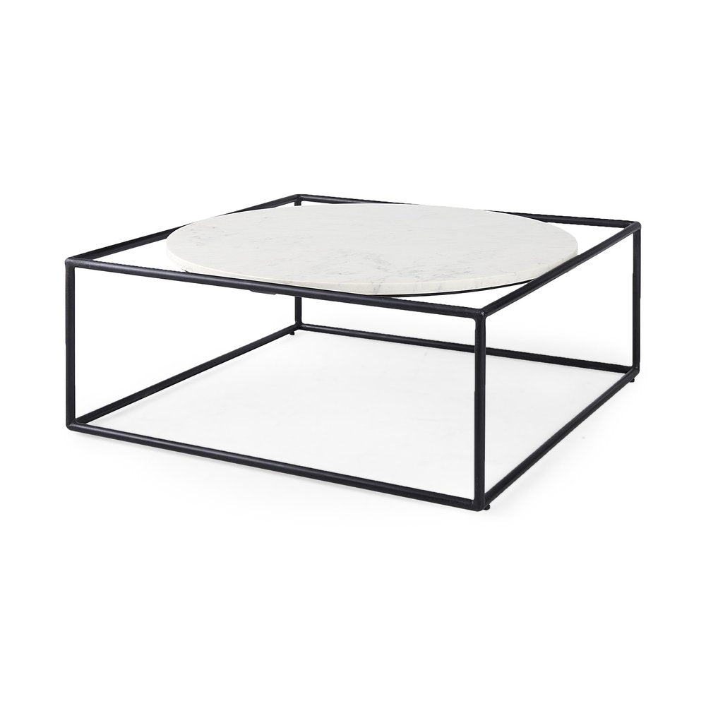 36" White and Black Genuine Marble and Metal Square Frame Coffee Table