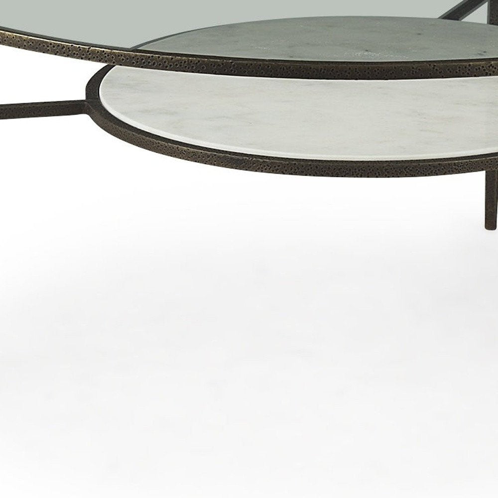 36" Clear and Bronze Glass and Metal Round Coffee Table With Shelf
