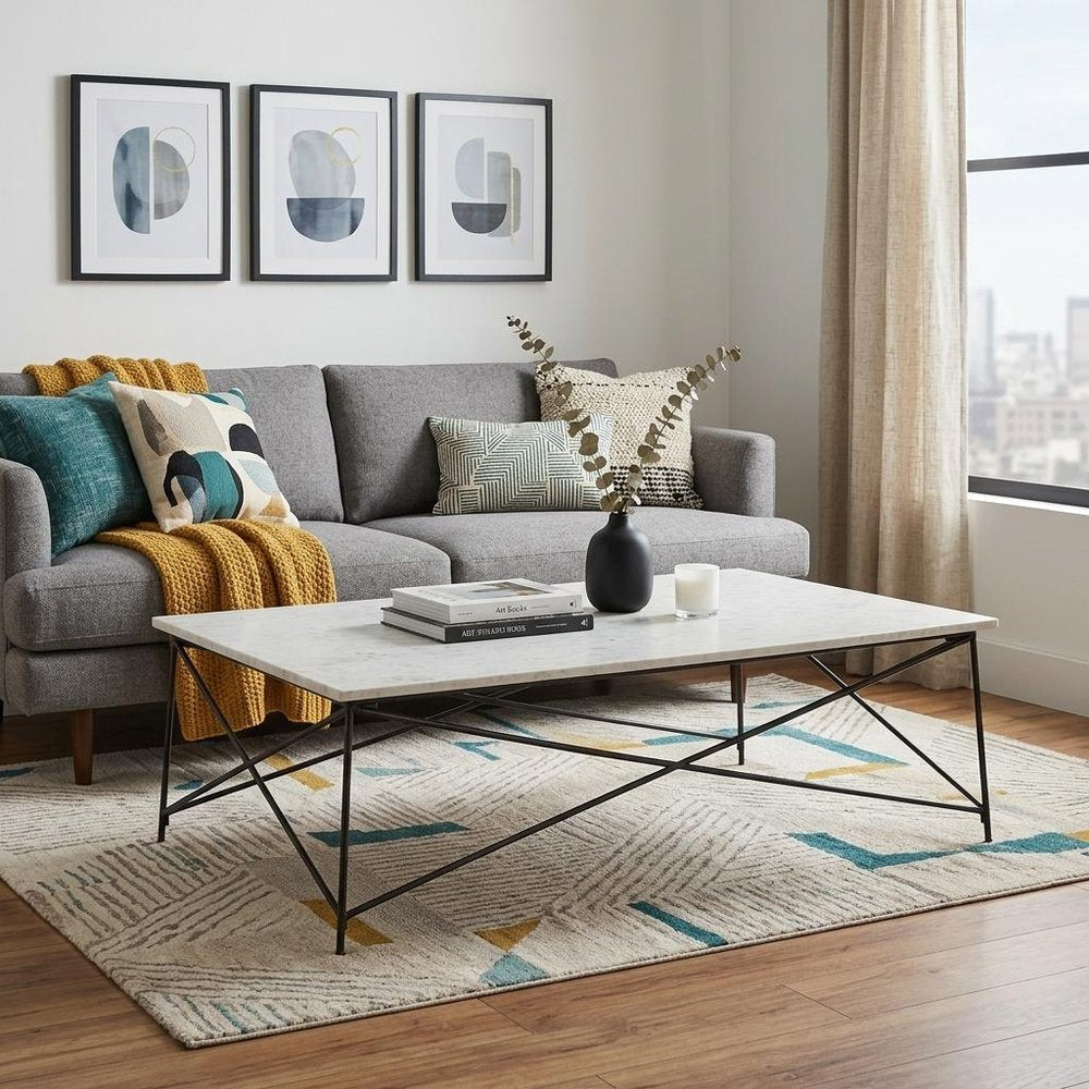35" White Genuine Marble and Metal Coffee Table