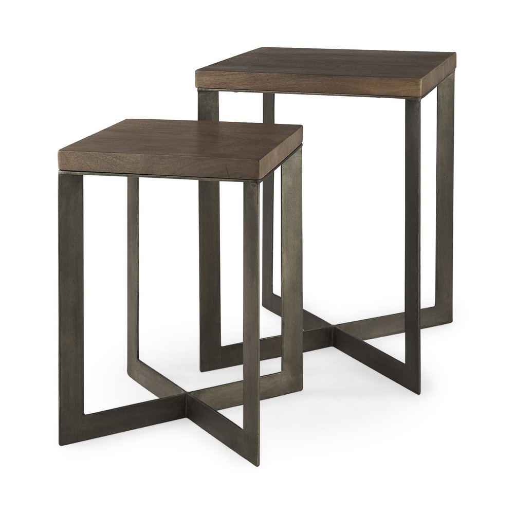 Set of Two Brown Solid Wood and Metal Square Cross Legs Nested Tables