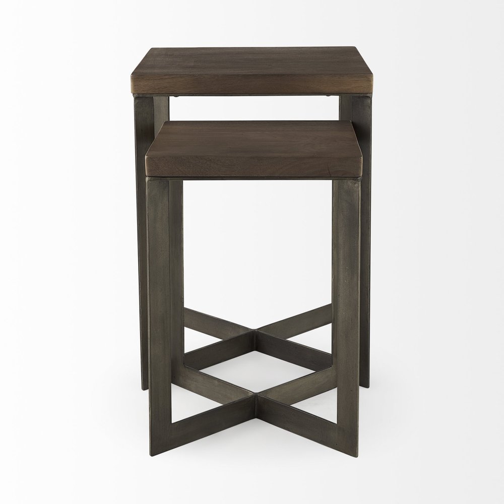 Set of Two Brown Solid Wood and Metal Square Cross Legs Nested Tables