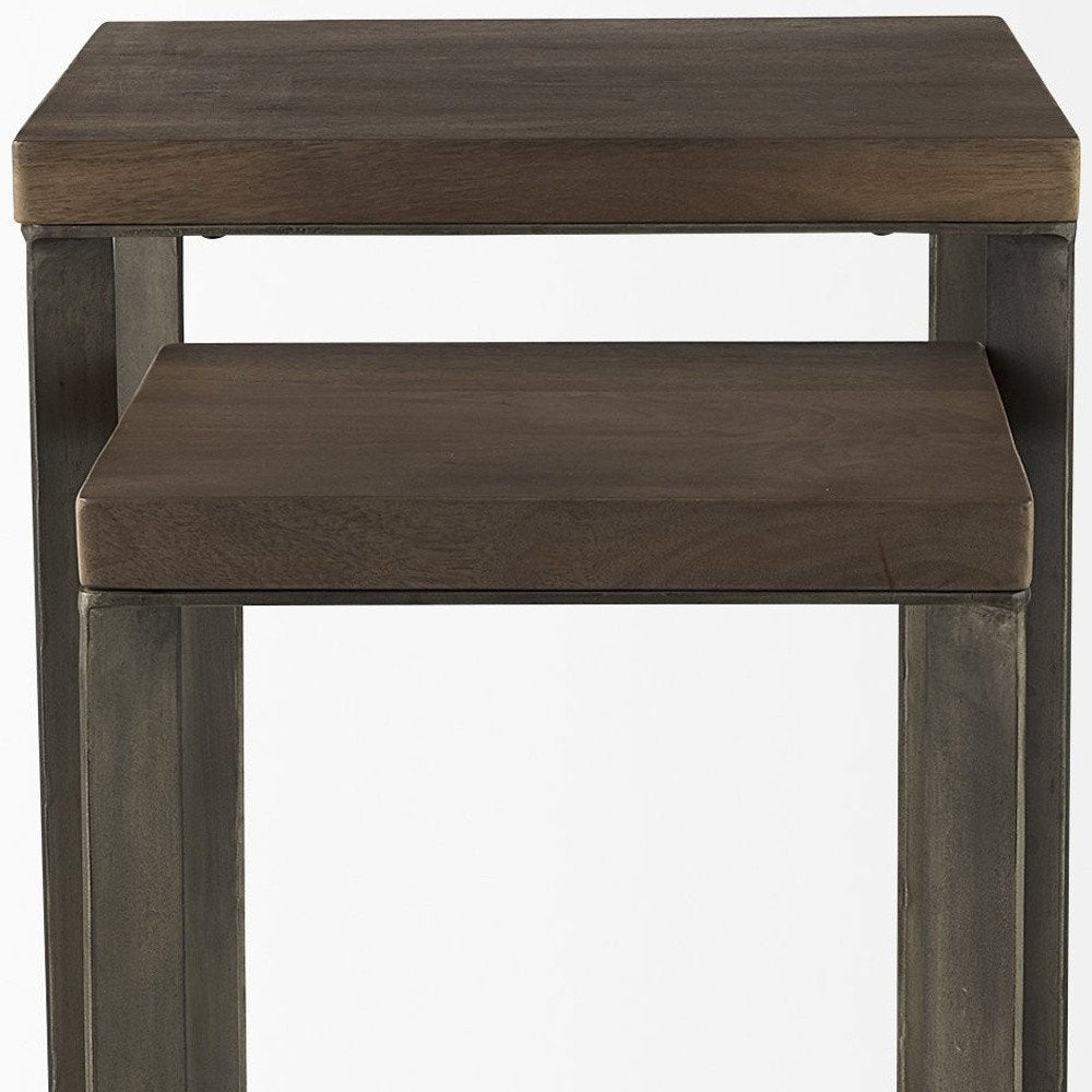 Set of Two Brown Solid Wood and Metal Square Cross Legs Nested Tables