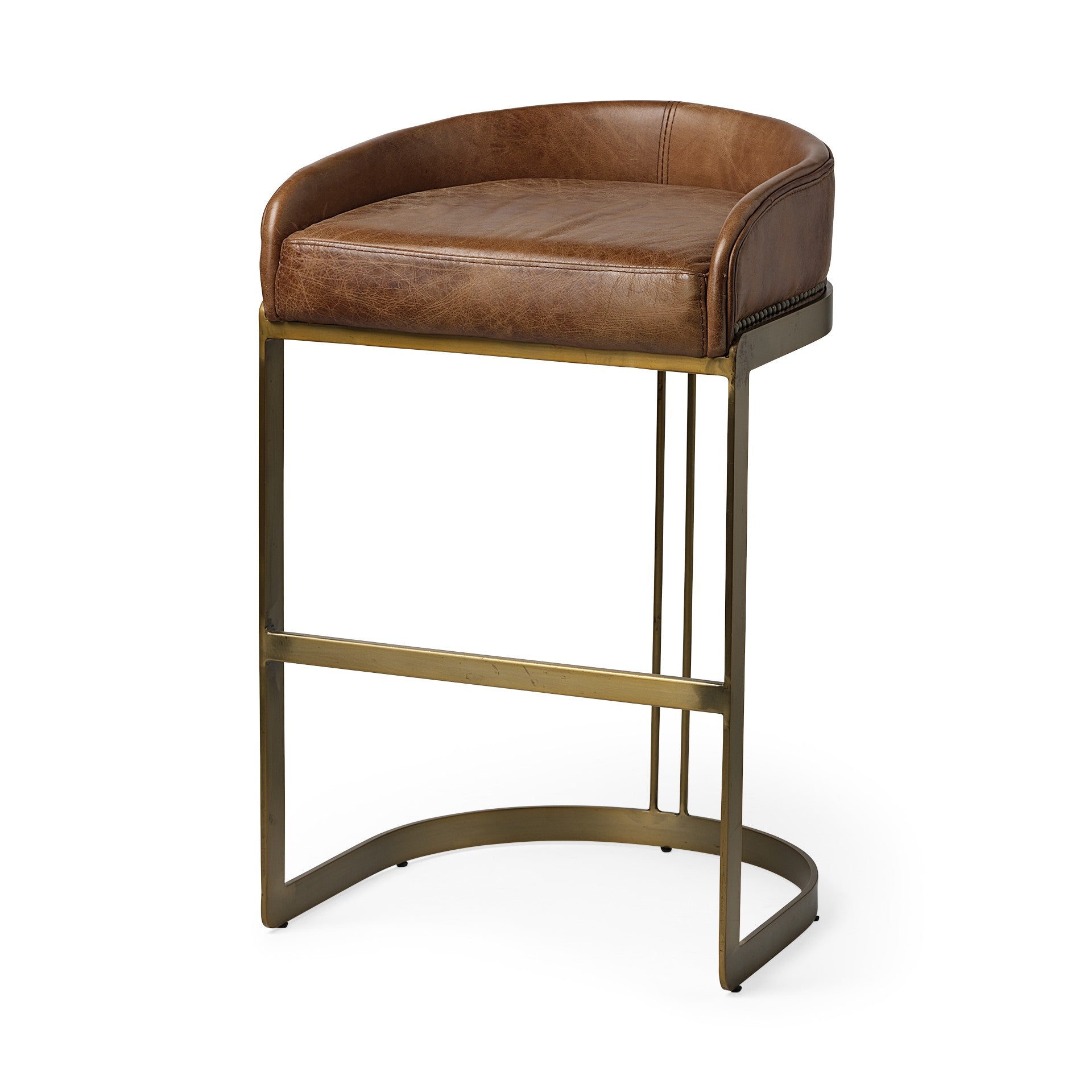 29" Brown Leather And Antiqued Brass Metal Low Back Bar Height Bar Chair
