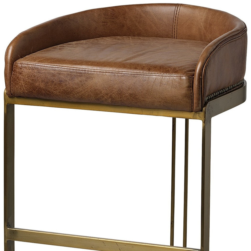 29" Brown Leather And Antiqued Brass Metal Low Back Bar Height Bar Chair