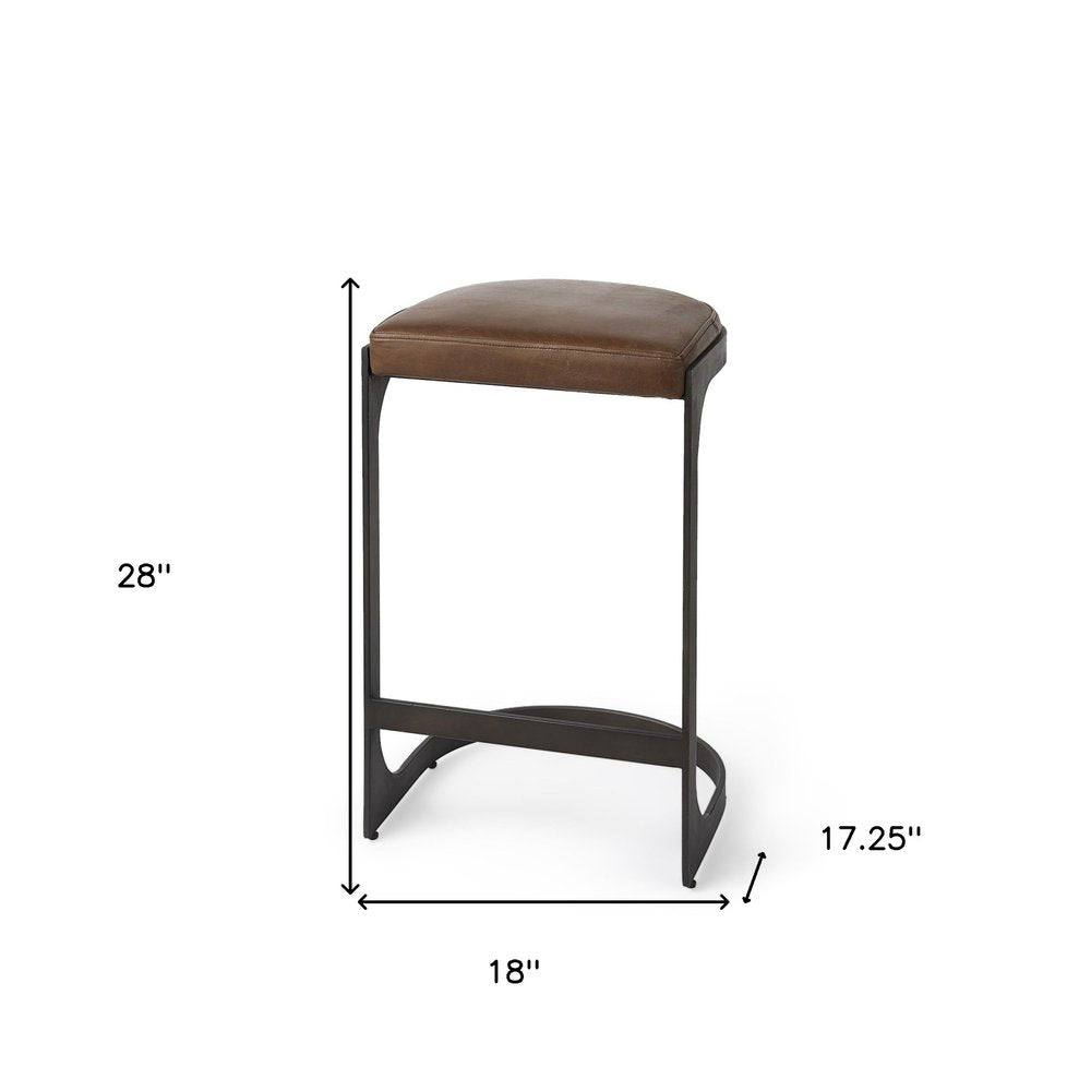 29" Brown And Black Leather And Genuine Leather And Metal Backless Counter Height Bar Chair