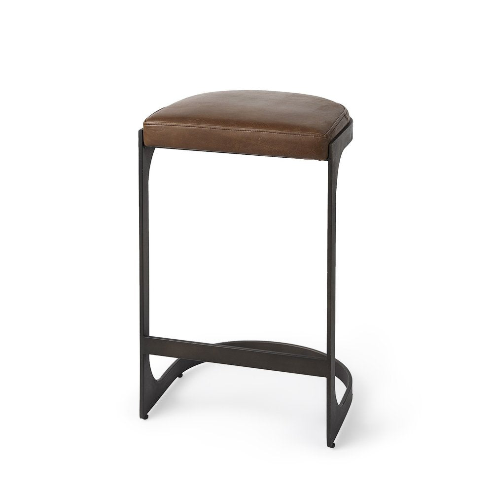 29" Brown And Black Leather And Genuine Leather And Metal Backless Counter Height Bar Chair