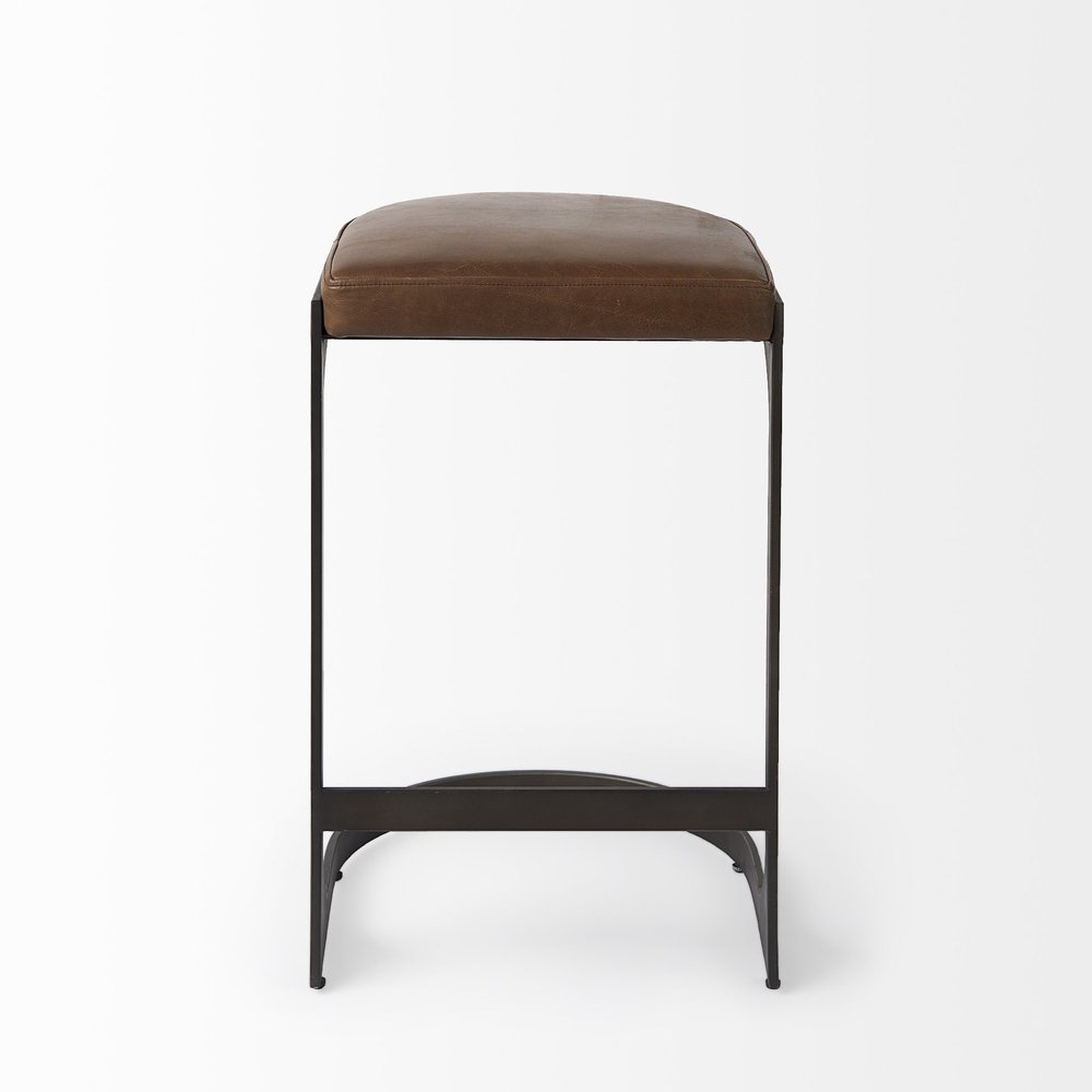 29" Brown And Black Leather And Genuine Leather And Metal Backless Counter Height Bar Chair