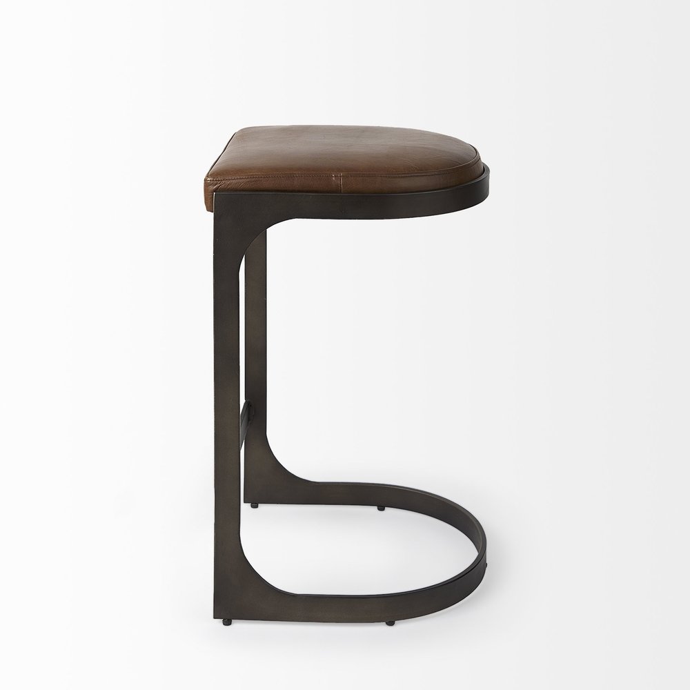 29" Brown And Black Leather And Genuine Leather And Metal Backless Counter Height Bar Chair