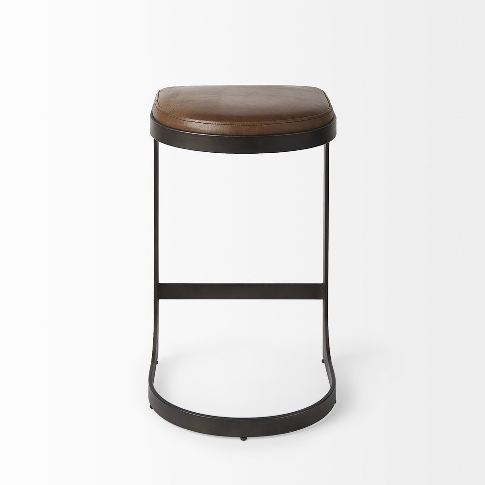 29" Brown And Black Leather And Genuine Leather And Metal Backless Counter Height Bar Chair