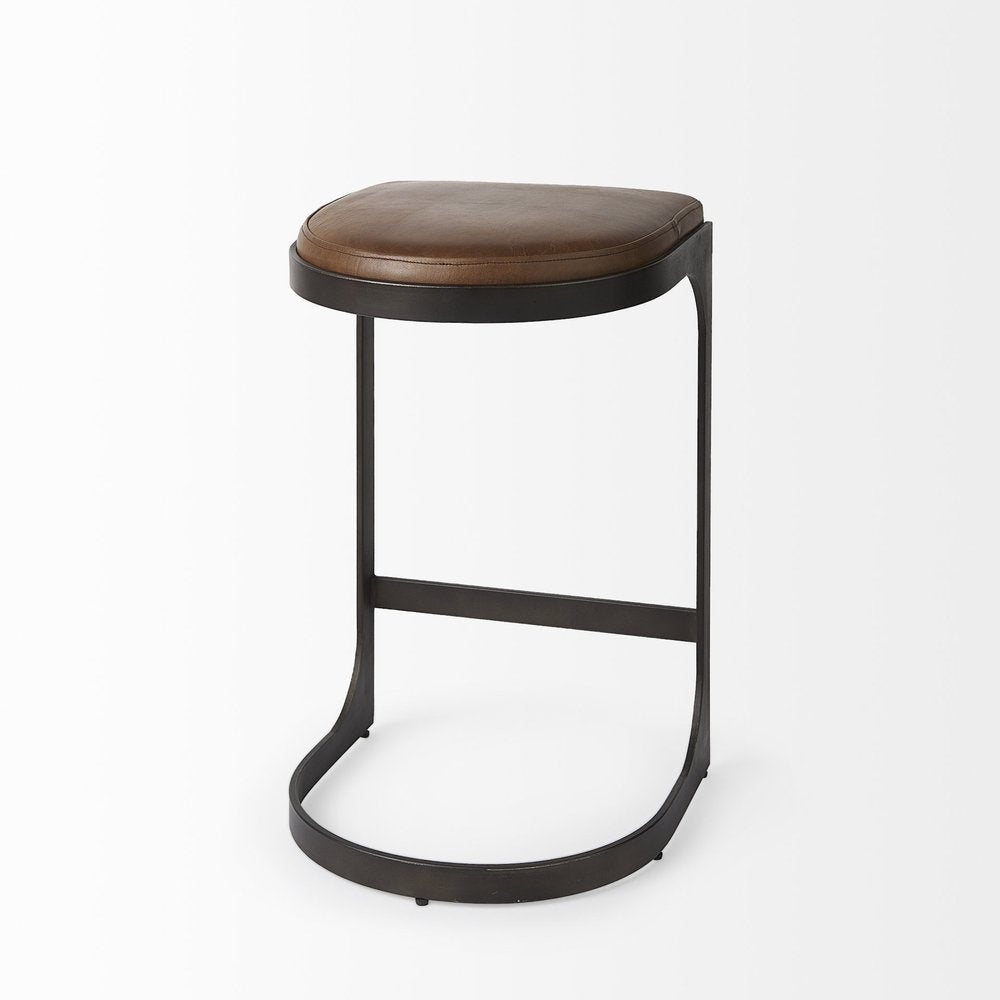 29" Brown And Black Leather And Genuine Leather And Metal Backless Counter Height Bar Chair