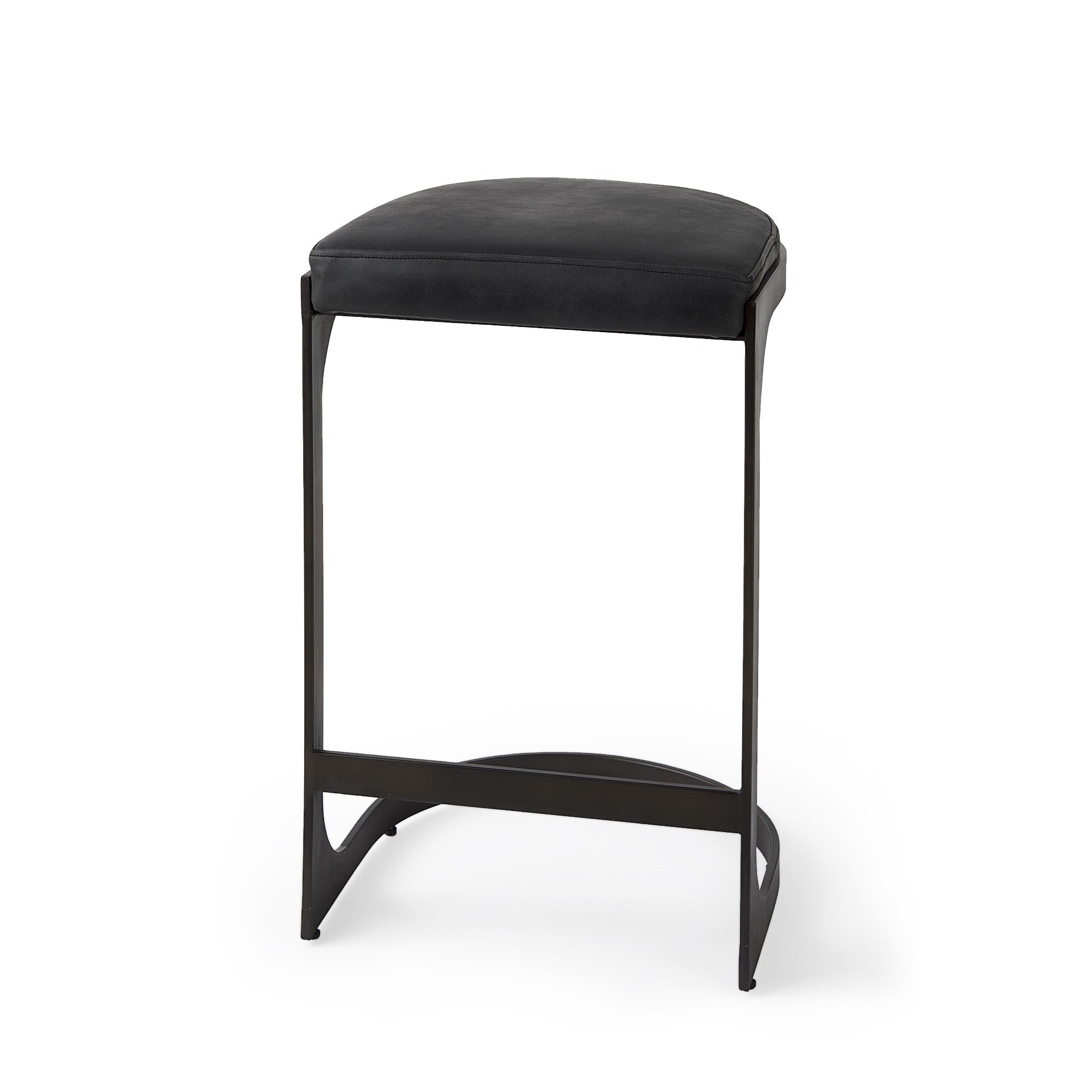 29" Black Faux Leather And Genuine Leather And Metal Backless Counter Height Bar Chair