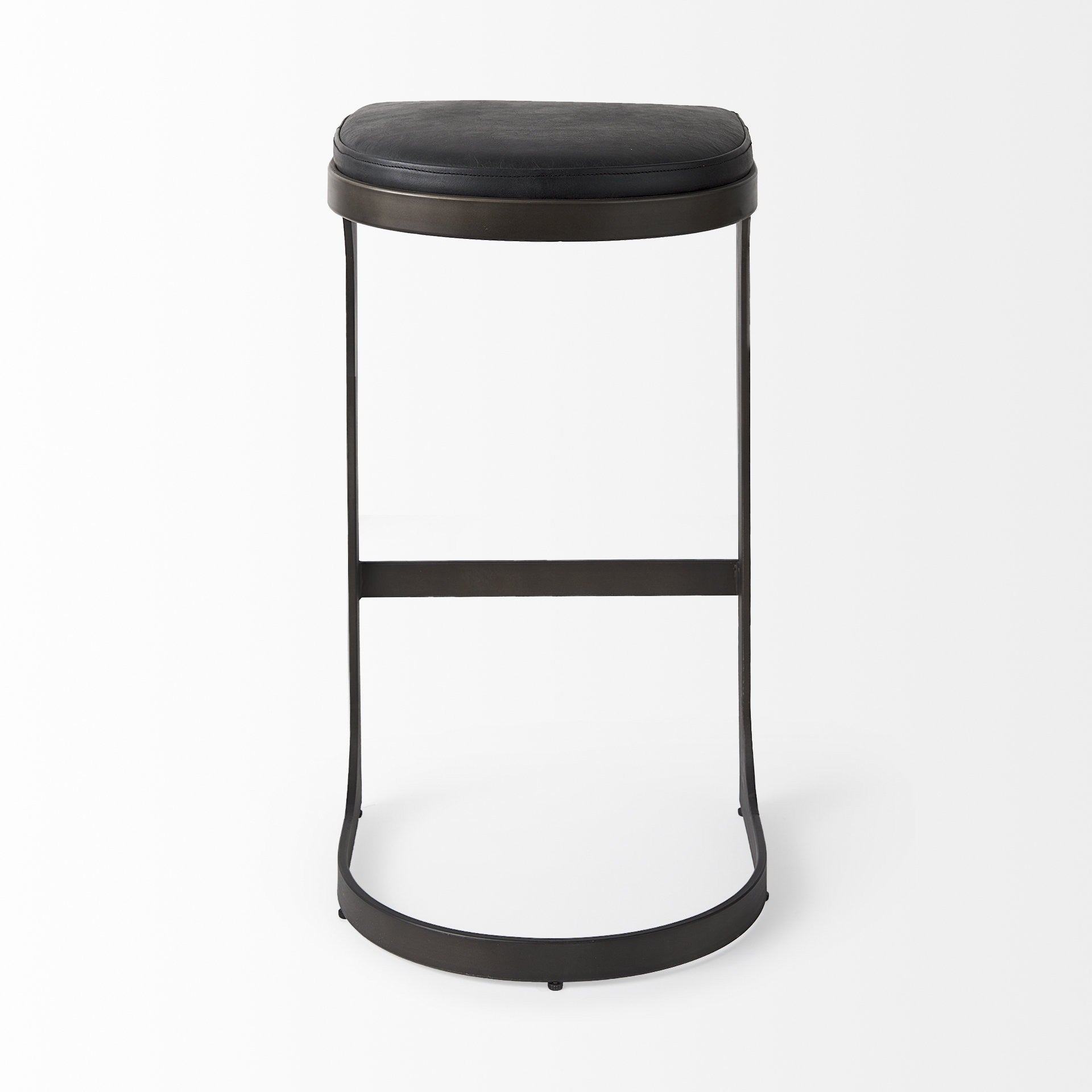 35" Black Leather and Metal Backless Bar Chair