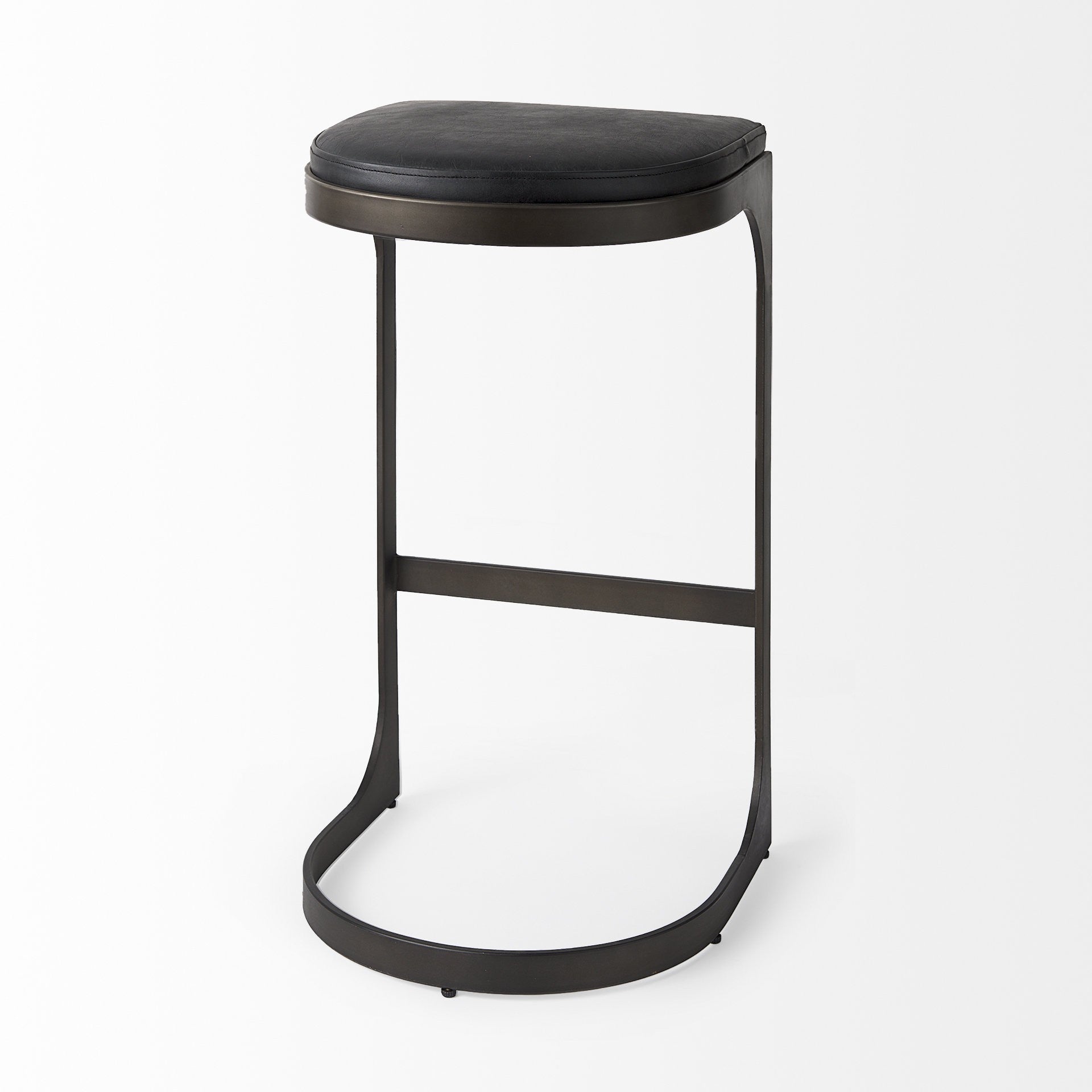 35" Black Leather and Metal Backless Bar Chair