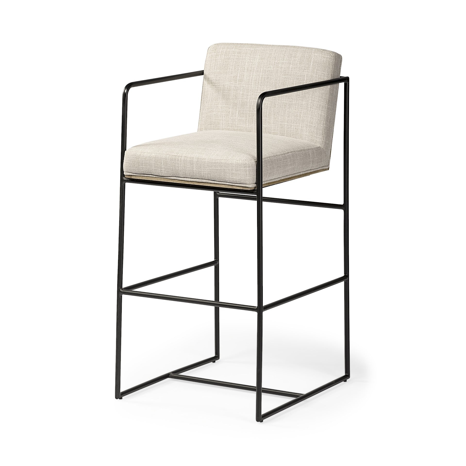 29" Beige And Black Fabric And Metal Counter Height Bar Chair