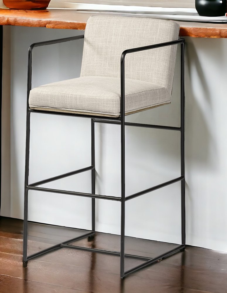 29" Beige and Black Fabric and Metal Counter Height Bar Chair