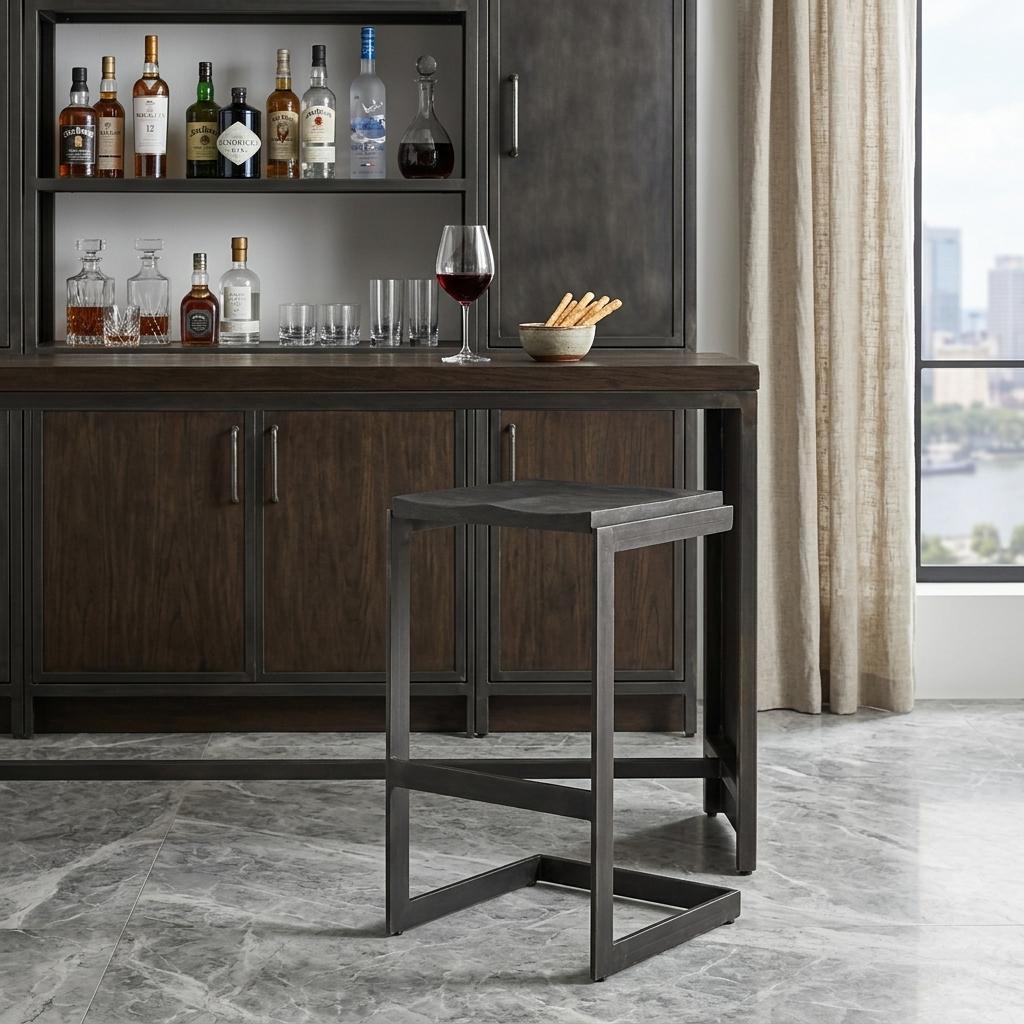 30" Black Wood And Metal Backless Bar Height Bar Chair