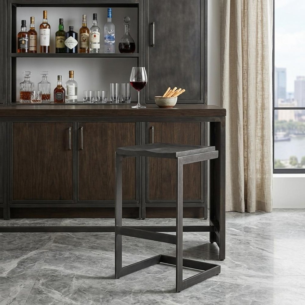 30" Black Wood And Metal Backless Bar Height Bar Chair