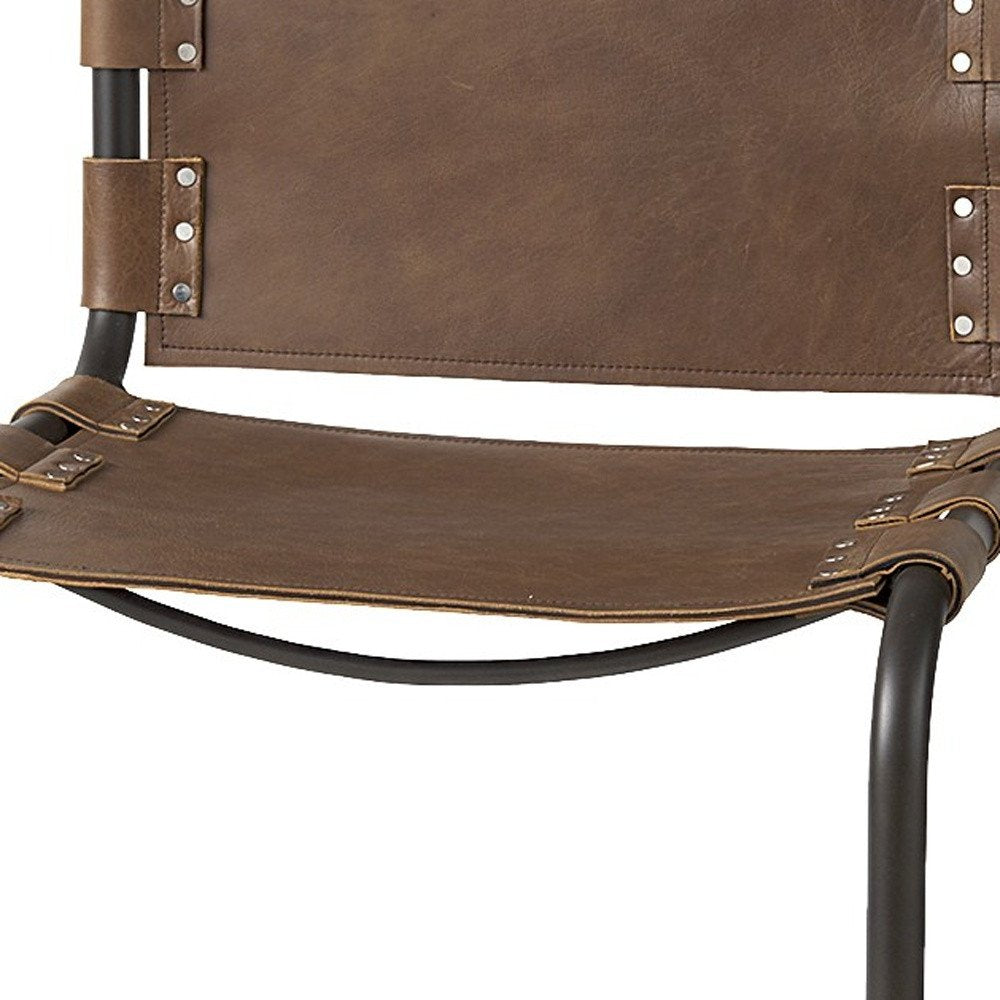 35" Brown and Black Leather and Metal Bar Chair