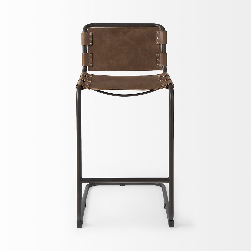 35" Brown And Black Leather And Metal Bar Height Bar Chair