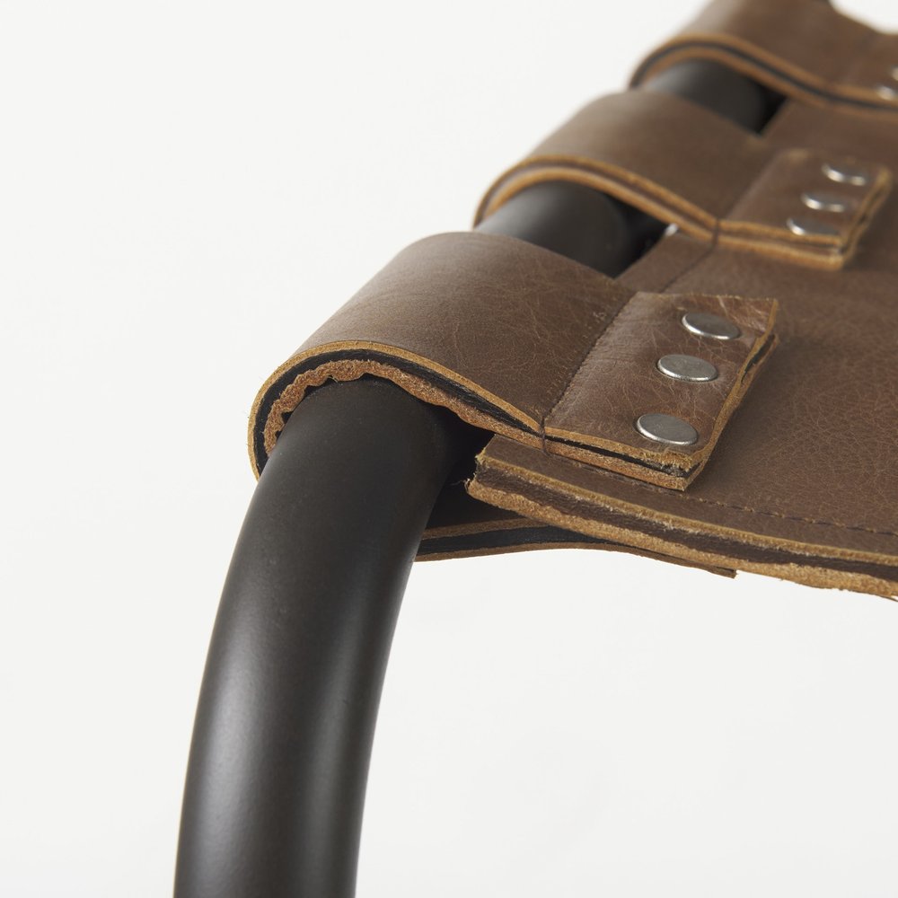 35" Brown and Black Leather and Metal Bar Chair