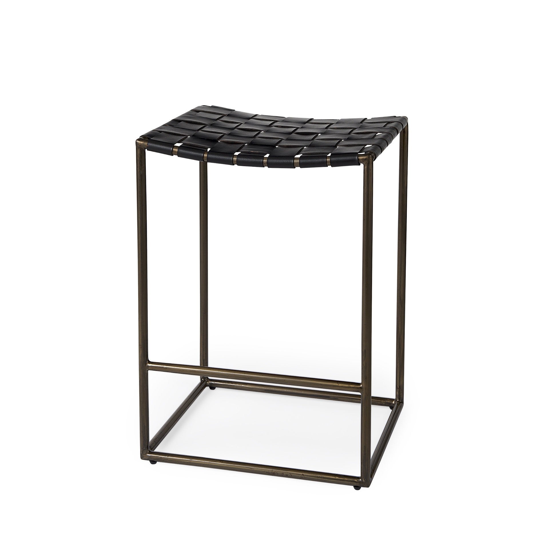 29" Black And Bronze Leather And Metal Backless Counter Height Bar Chair