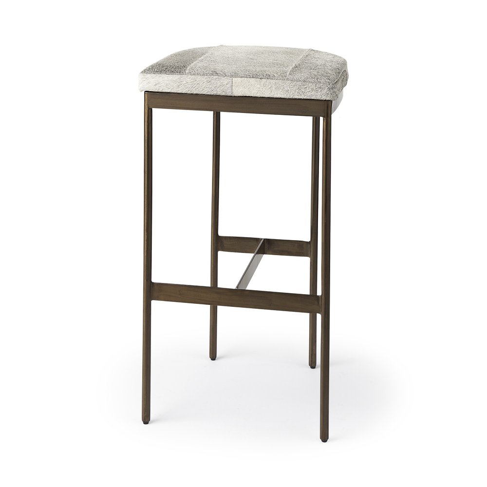 35" Gray And Gold Leather And Hair on Hide Leather And Metal Backless Counter Height Bar Chair