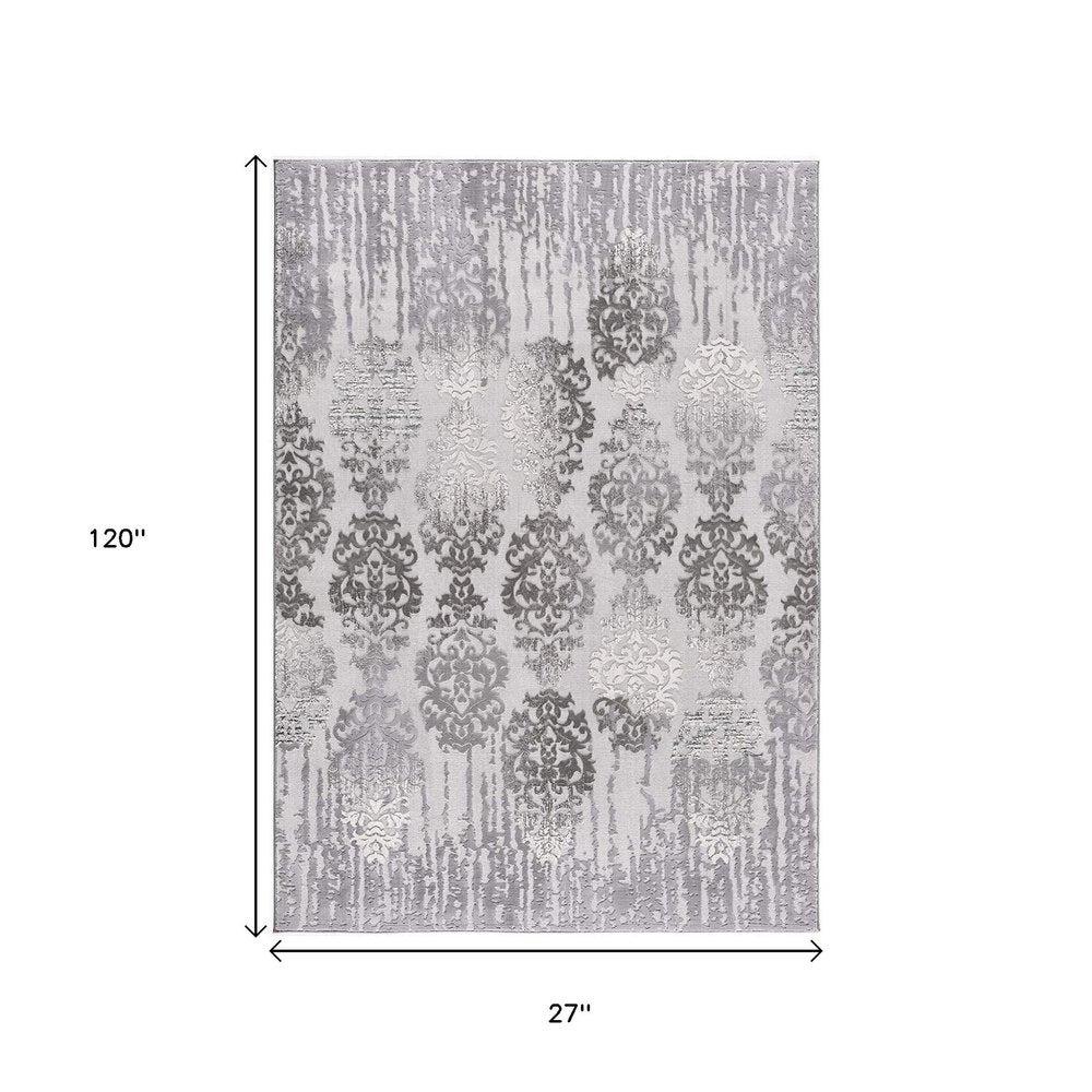 10' Gray Damask Power Loom Runner Rug