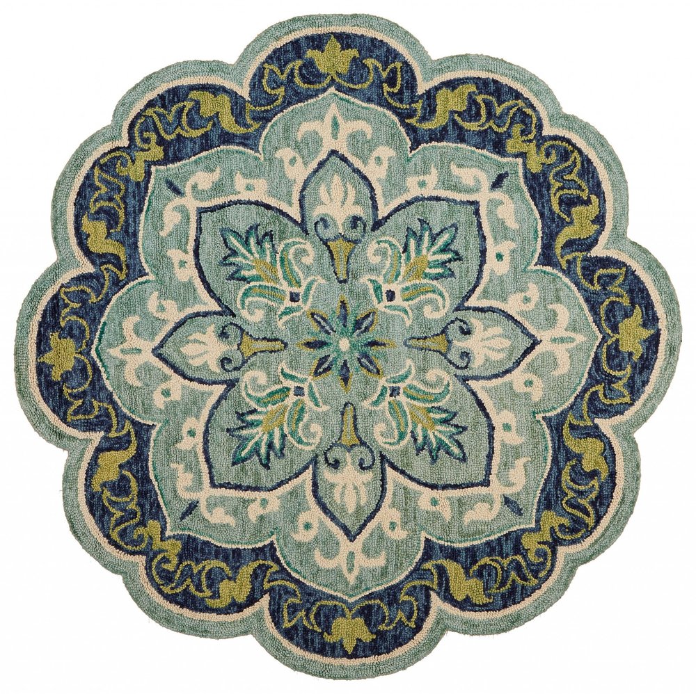 4' Blue And Green Wool Geometric Hand Tufted Round Rug