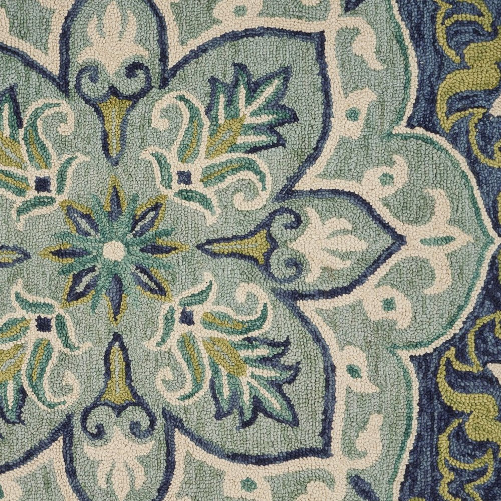 4' Blue And Green Wool Geometric Hand Tufted Round Rug