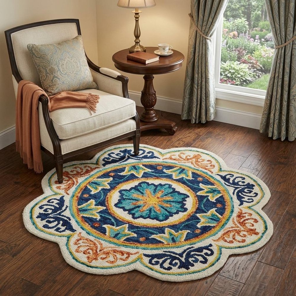 4' Round Ivory And Navy Decorative Area Rug