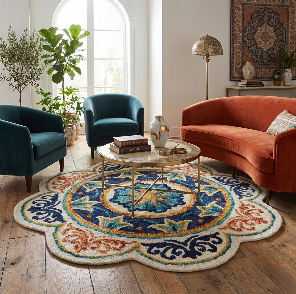 4' Round Ivory And Navy Decorative Area Rug