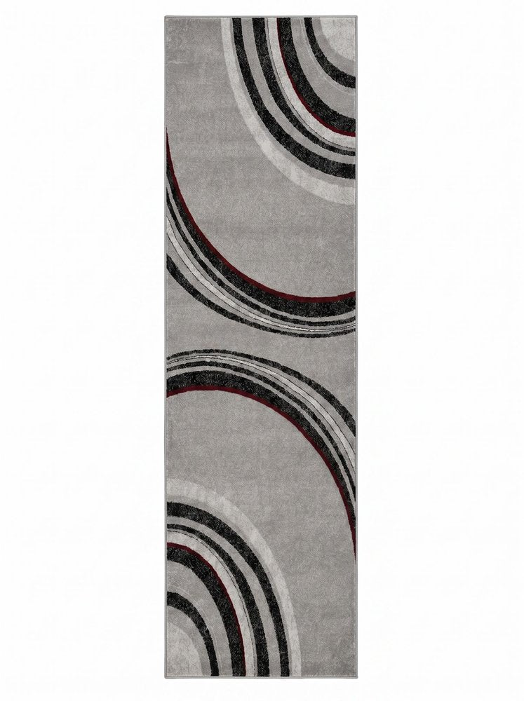 8' Gray and Black Geometric Power Loom Runner Rug