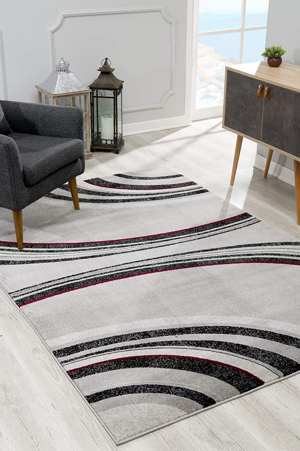 8' Gray and Black Geometric Power Loom Runner Rug