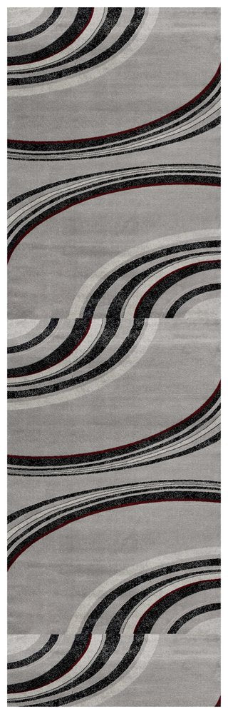 8' Gray and Black Geometric Power Loom Runner Rug