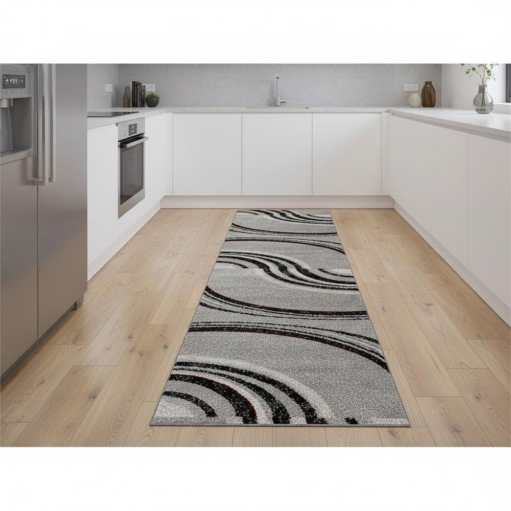 8' Gray and Black Geometric Power Loom Runner Rug