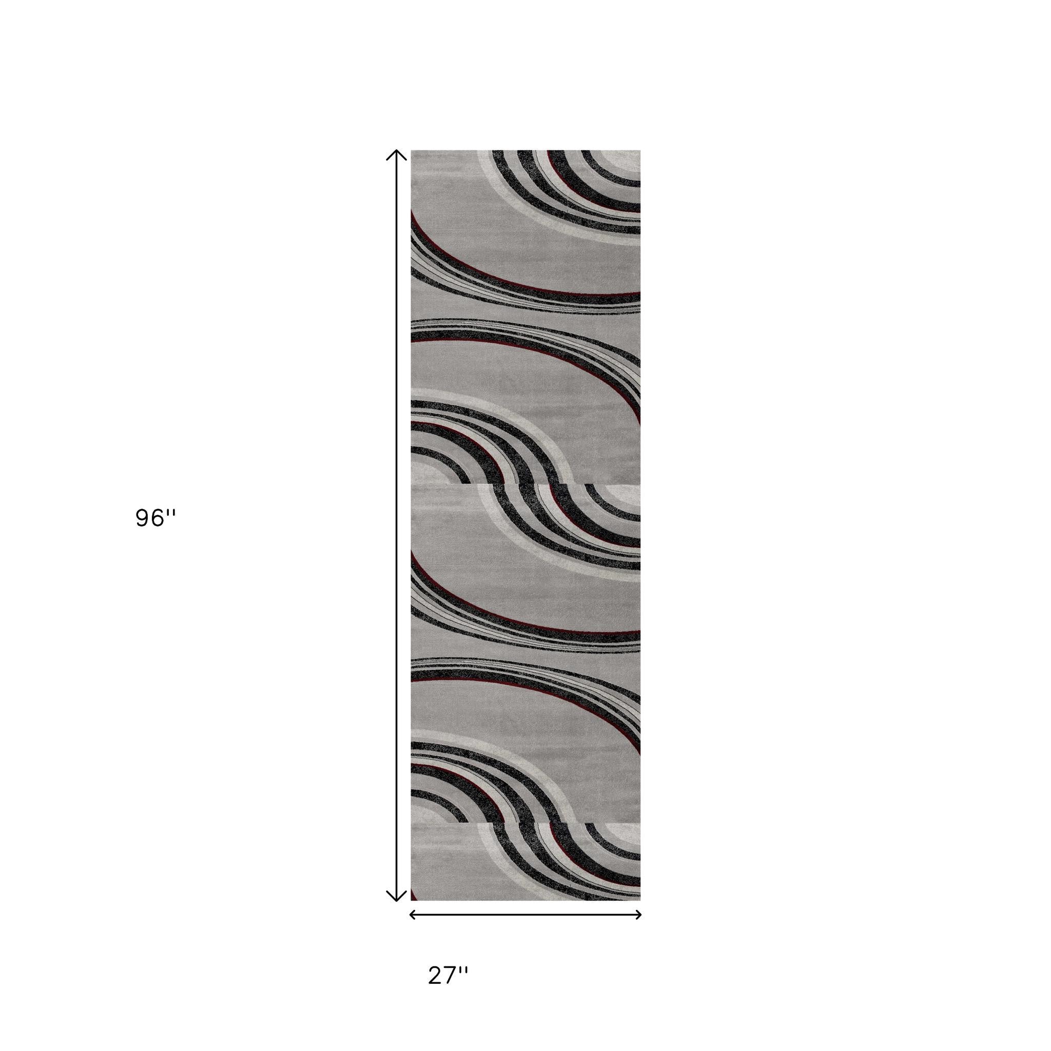8' Gray and Black Geometric Power Loom Runner Rug