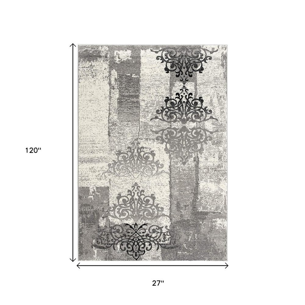 10' Gray Damask Dhurrie Runner Rug