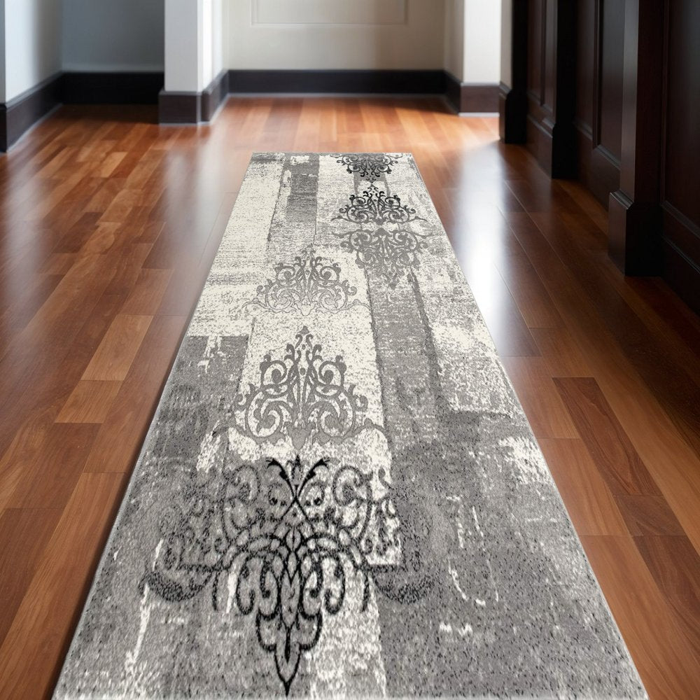 10' Gray Damask Dhurrie Runner Rug