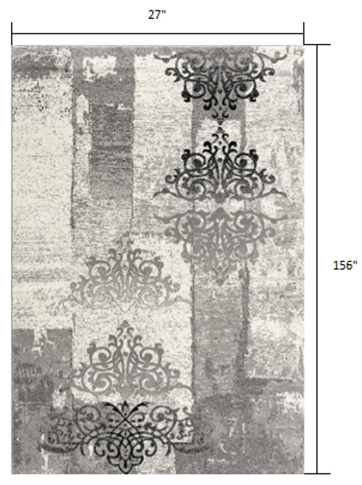 10' Gray Damask Dhurrie Runner Rug