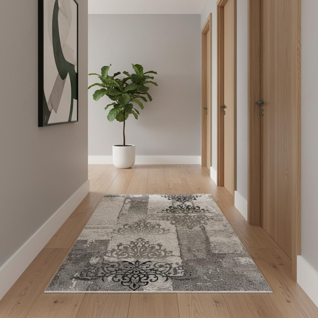 10' Gray Damask Dhurrie Runner Rug