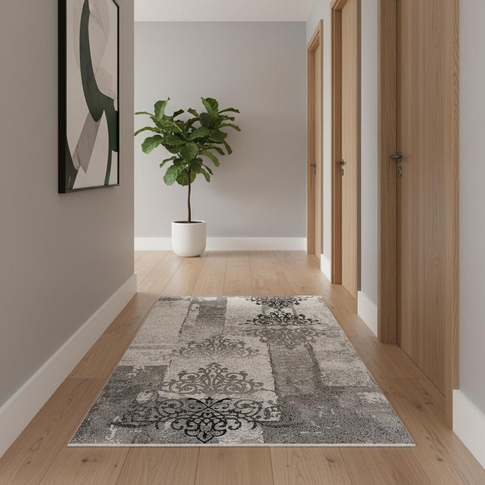 10' Gray Damask Dhurrie Runner Rug