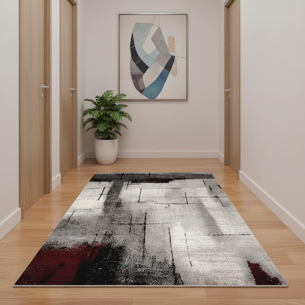 10' Black Burgundy And Gray Abstract Runner Rug