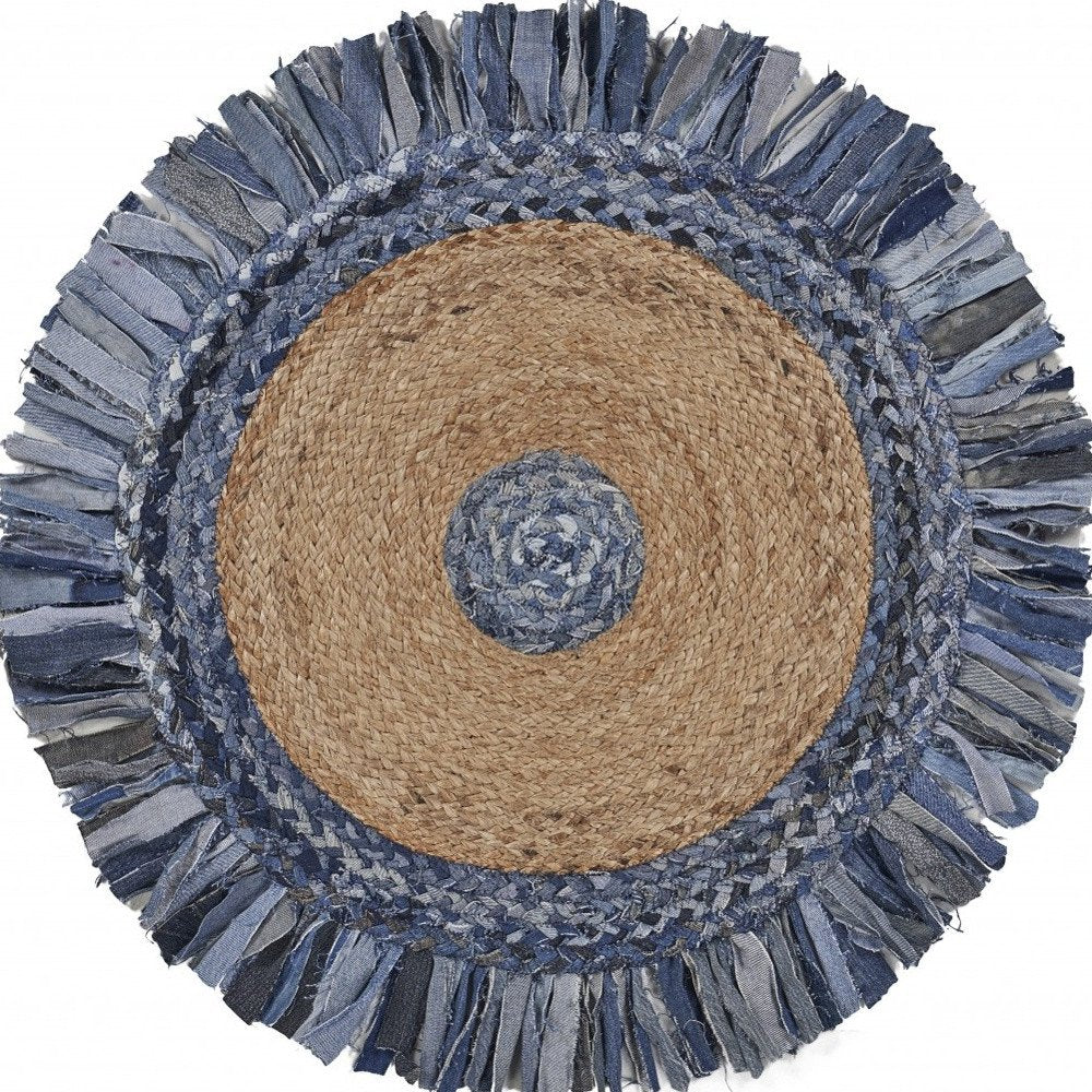 4' Beige And Blue Abstract Geometric Hand Woven Round Rug
