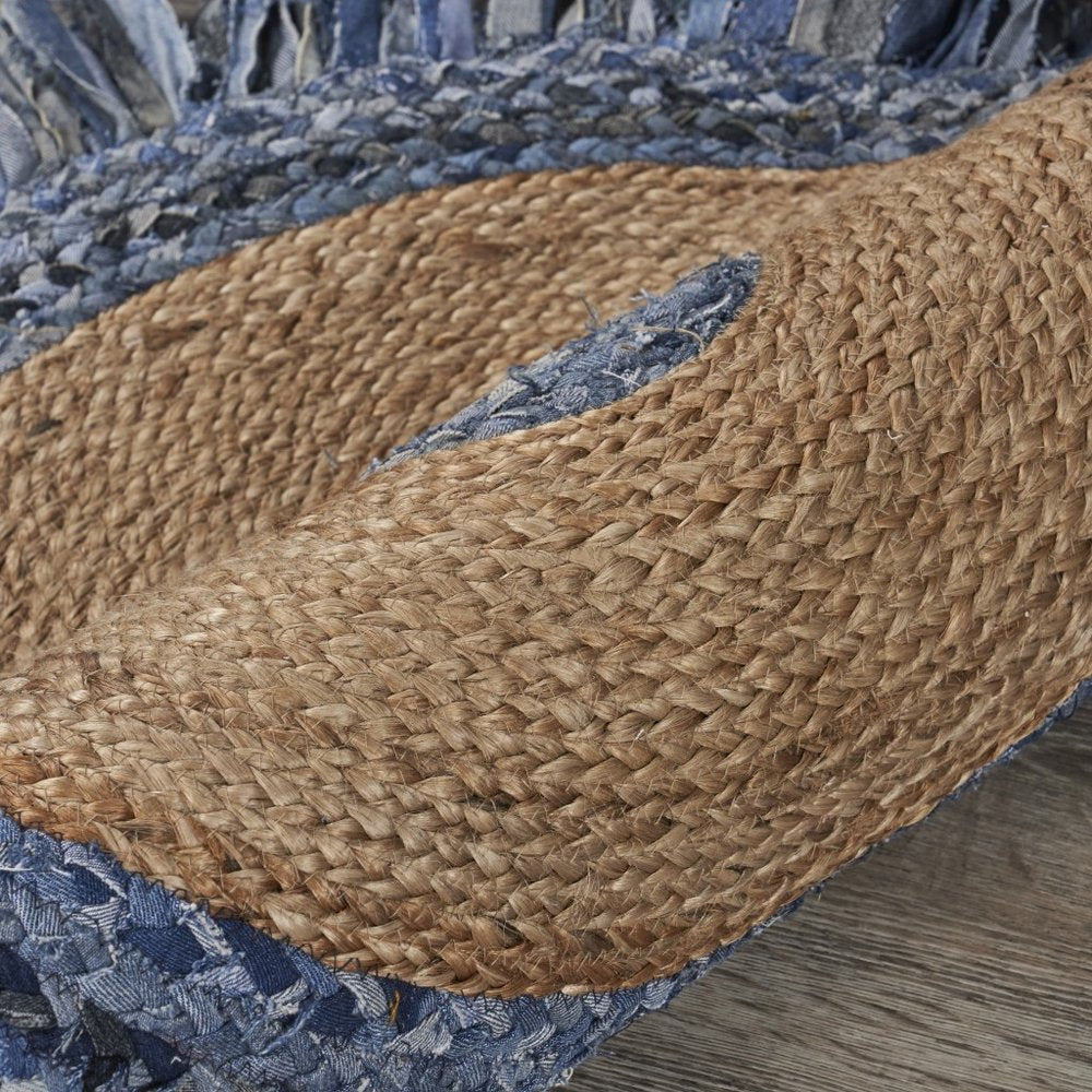 4' Beige And Blue Abstract Geometric Hand Woven Round Rug