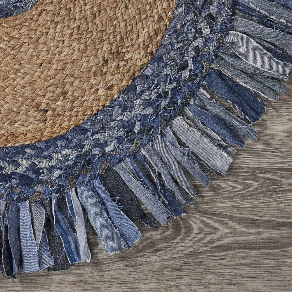 4' Beige And Blue Abstract Geometric Hand Woven Round Rug