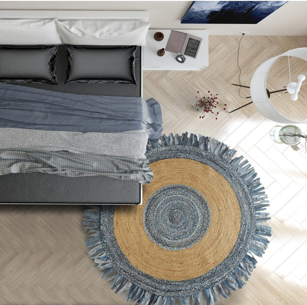 4' Beige And Blue Abstract Geometric Hand Woven Round Rug