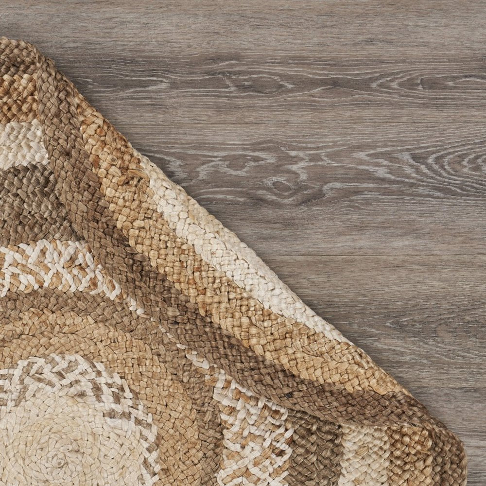 5' Beige Jute Abstract Geometric Hand Braided Round Rug